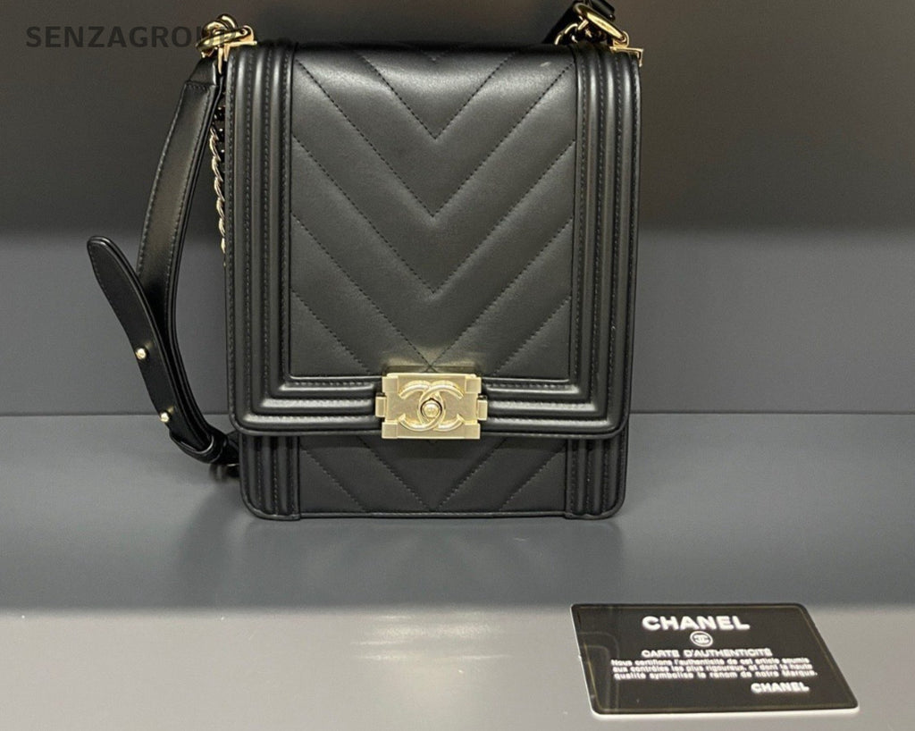 CHANEL Leboy V-shaped pattern Chain Shoulder bag Black Gold Women Classic