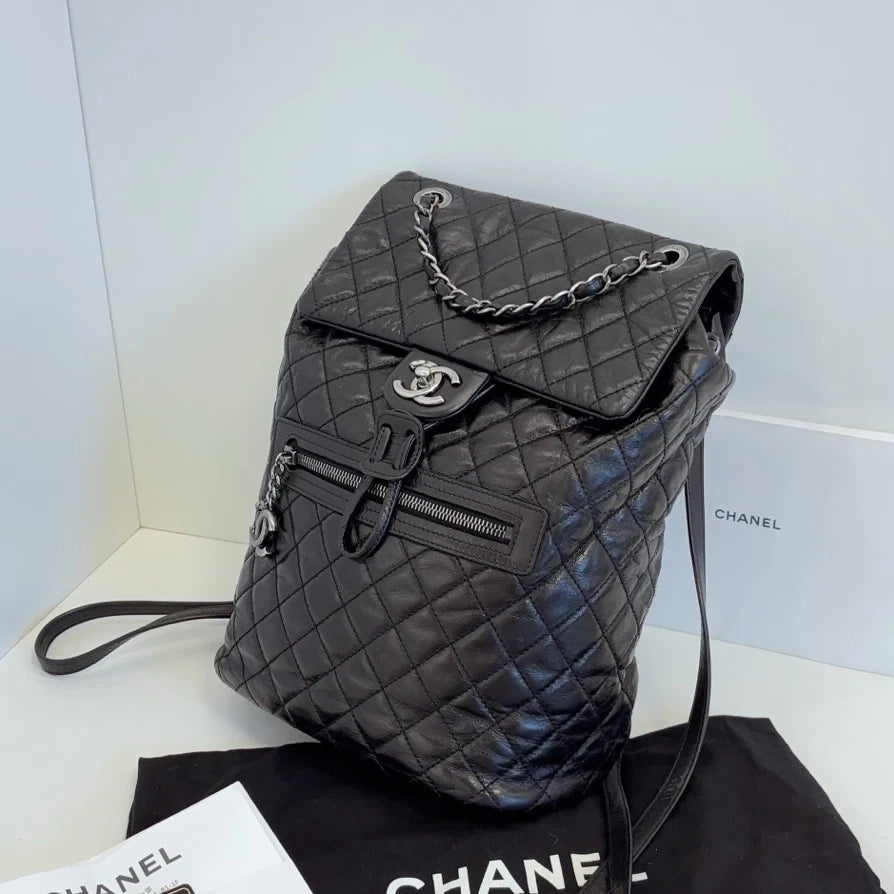 Chanel Calfskin MM Backpack Black Silver Used Women Diamond Classic