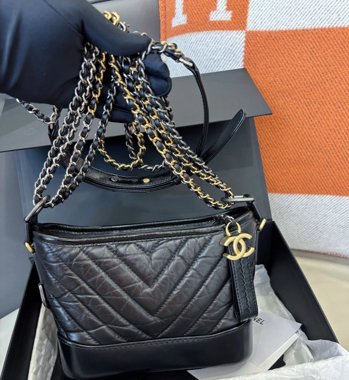 Chanel Gabrielle Chevron PM Shoulder Bag Crossbody Black Women