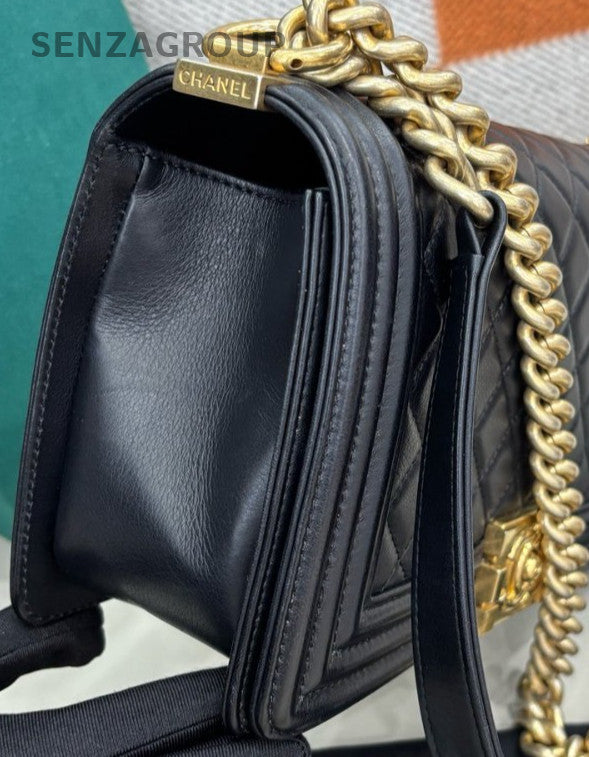 Chanel Leboy MM Calfskin Chain Shoulder Bag Black Gold Diamond Women Classic