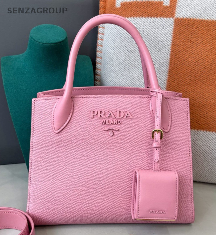 Prada Monochrome Calfskin 2Way Top Handle Bag Crossbody Pink Gold Women Classic