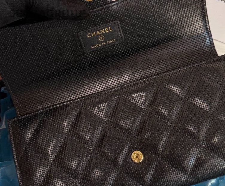 Chanel Diamond Pattern Long Wallet Black Gold Women Classic