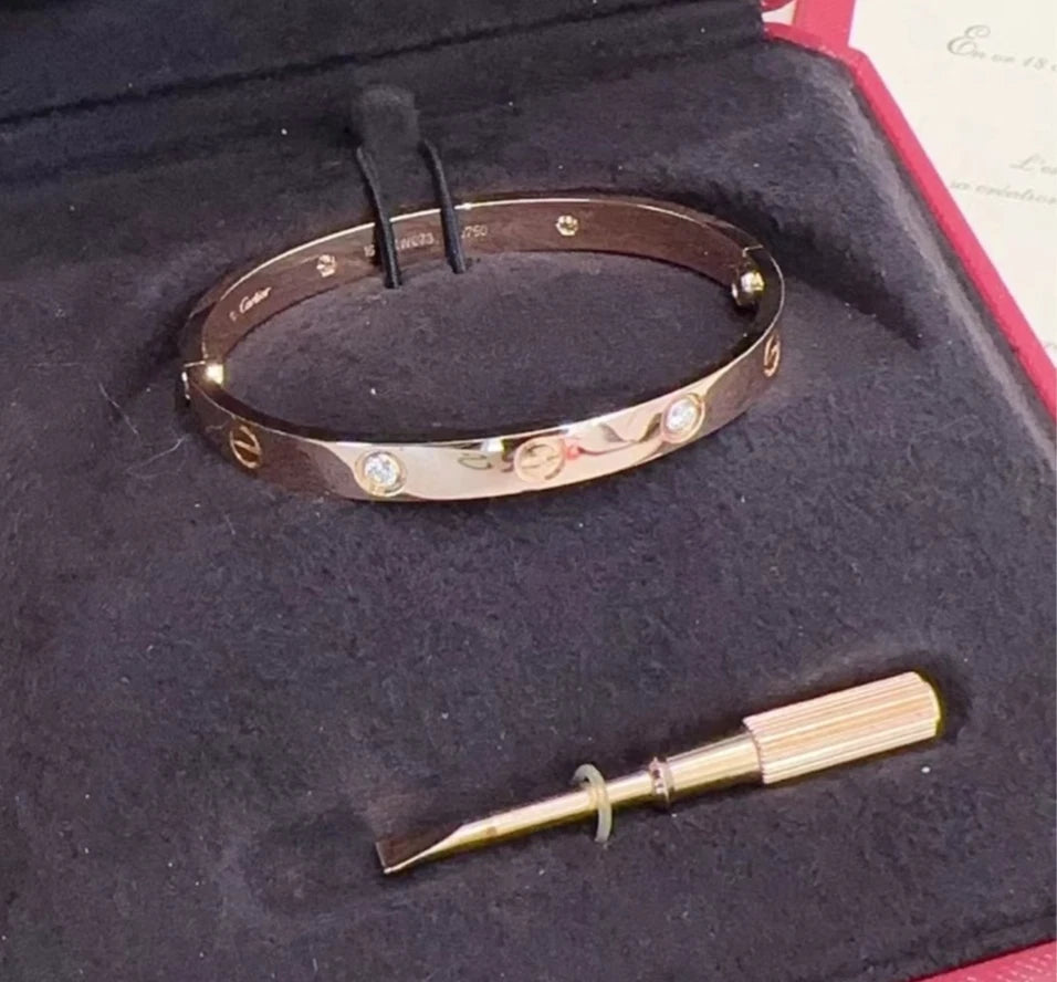 Cartier Love Classic Bracelet 18k Rose Gold 4Diamonds Double Screw Bangle Size16