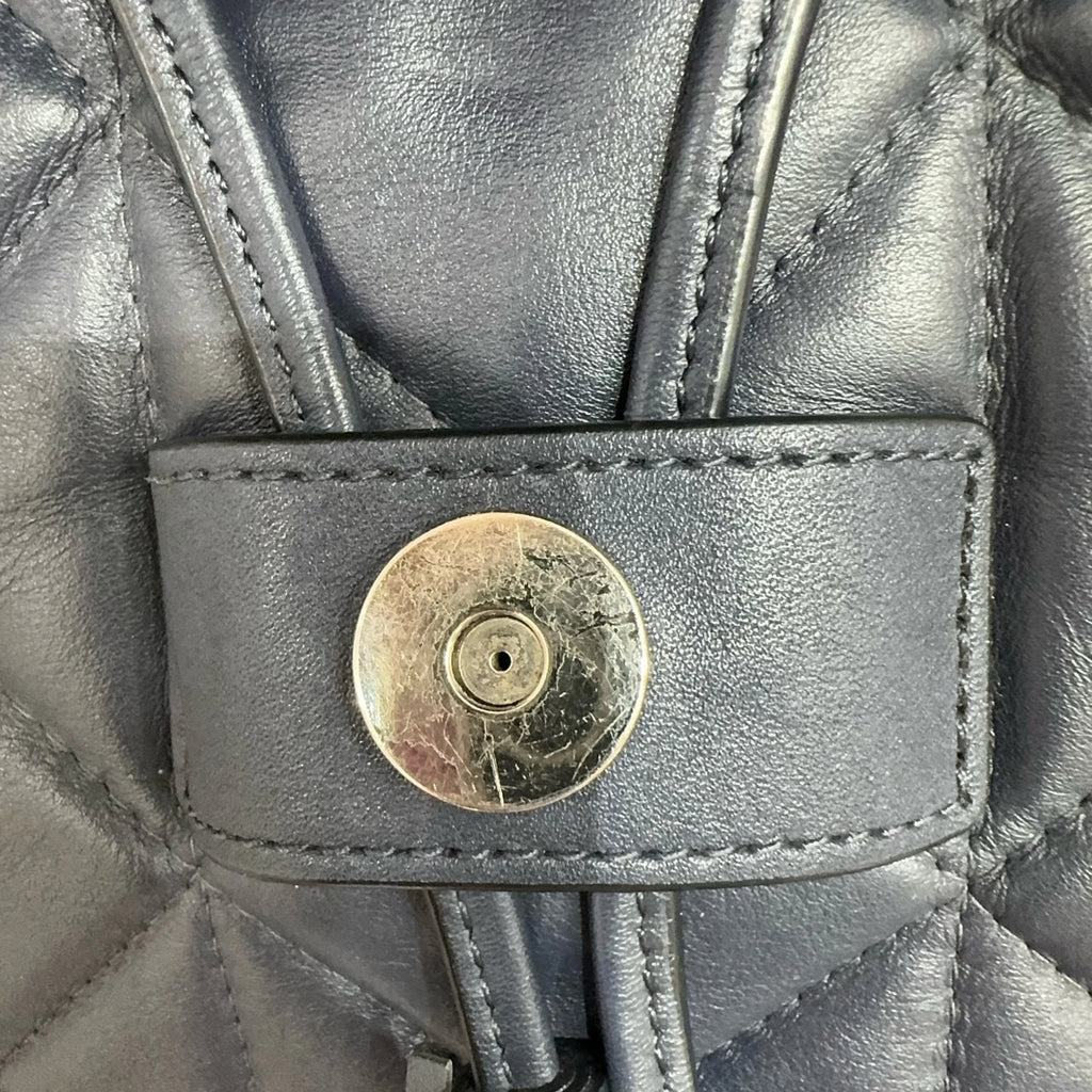 COACH Elle 25 Diamond Quilted Fabric Leather Flap Backpack Women Navy