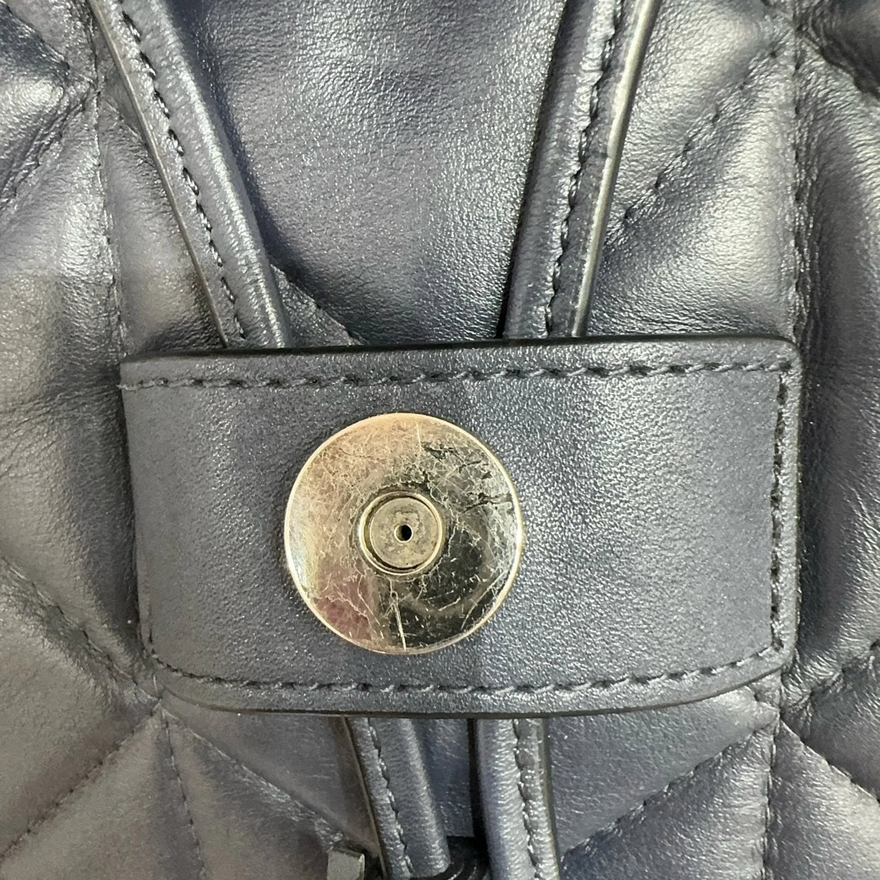 COACH Elle 25 Diamond Quilted Fabric Leather Flap Backpack Women Navy
