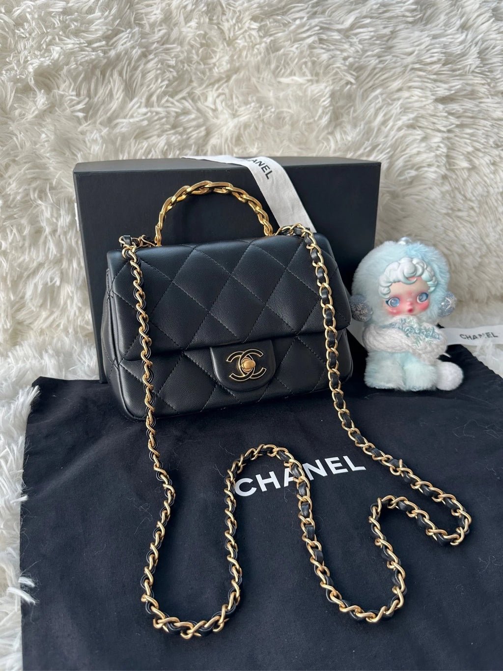 CHANEL Black Gold Lambskin Enamel Handle Crossbody Bag For Women