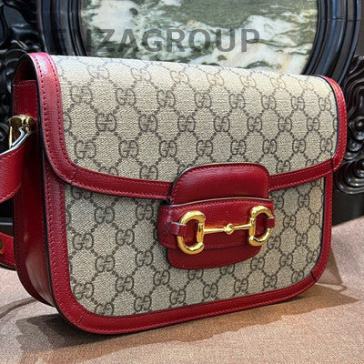 Gucci 1955 Horsebit Medium Shoulder Bag Red Beige Classic Women
