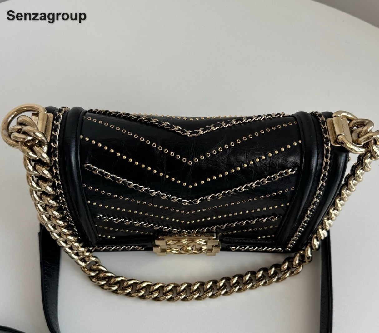 Chanel Leboy PM Calfskin Chain Shoulder Bag Black Gold Women Classic Fashion