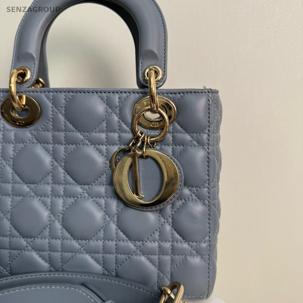Christian Dior Lady Lambskin Top Handle 2way Shoulder Handbag Haze blue Women
