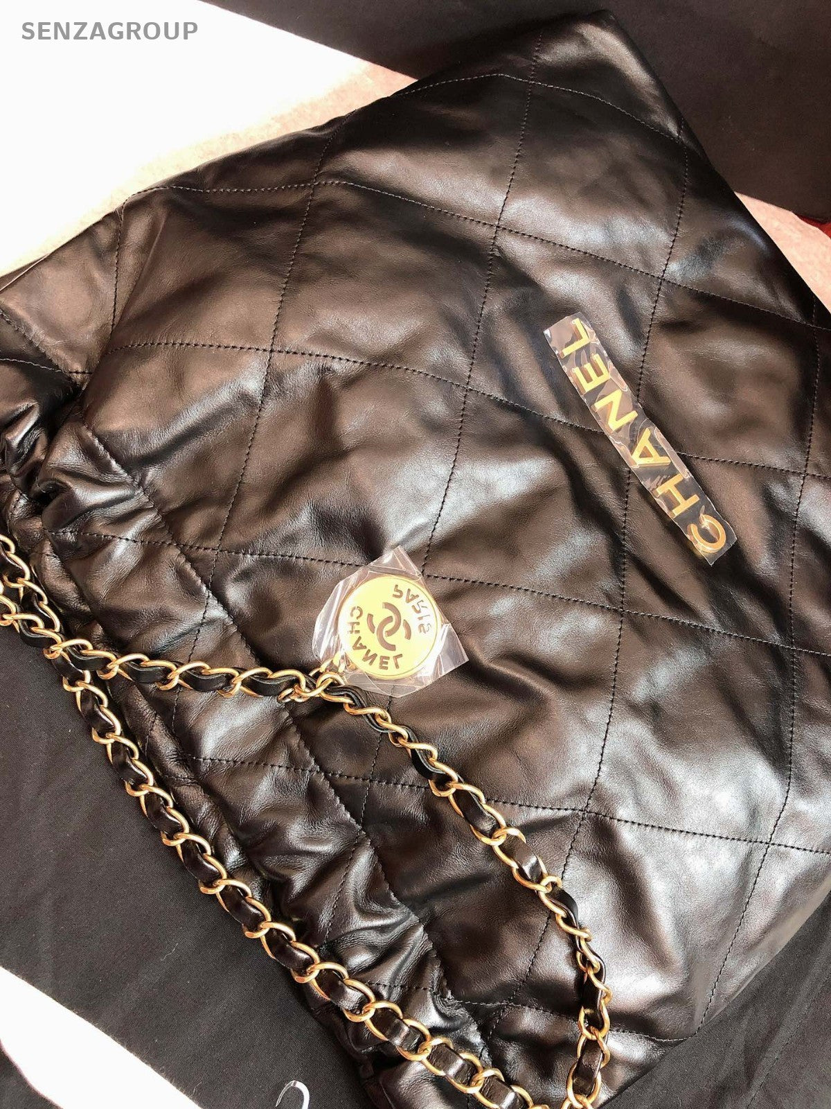 Chanel 22Bag MM Chain Shoulder Bag Diamond Black Gold Women Classic Designer