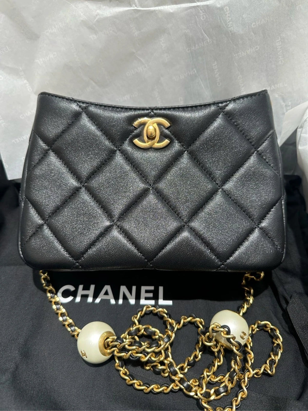 CHANEL Adjustable Double Pearl Hobo Shoulder Crossbody Bag Women