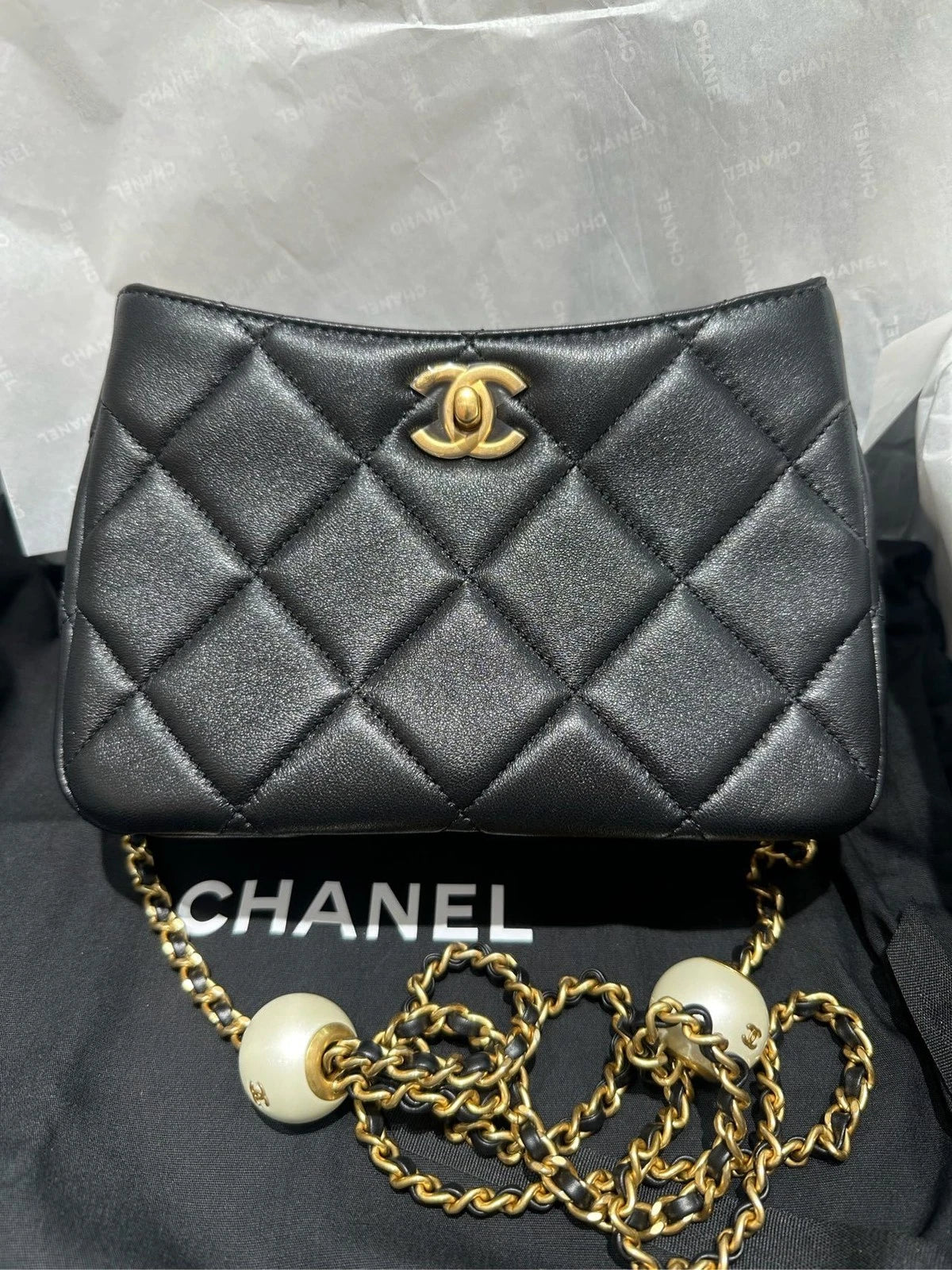 CHANEL Adjustable Double Pearl Hobo Shoulder Crossbody Bag Women