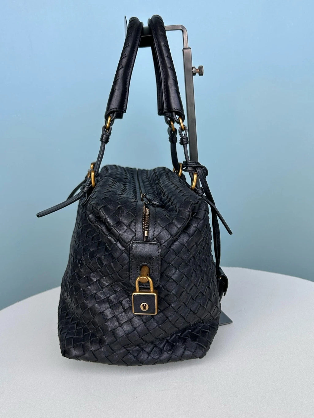Bottega Veneta Calfskin Boston Bag Shoulder Bag Black Gold Women Classic