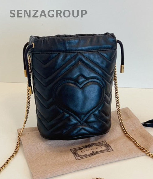 GUCCI GG Marmont mini Bucket Drawstring Chain Shoulder bag Crossbody Women Black