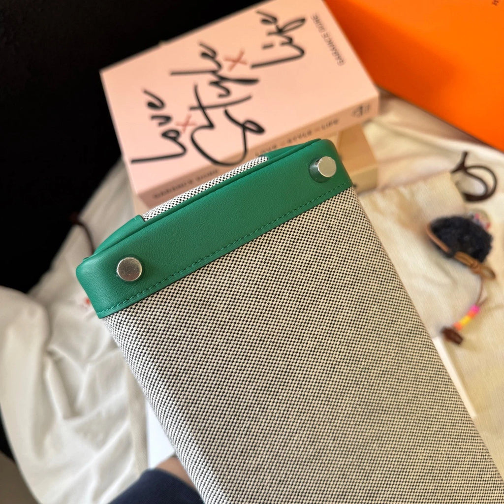 Hermes Birkin25 Canvas Green Silver Handbag For Women