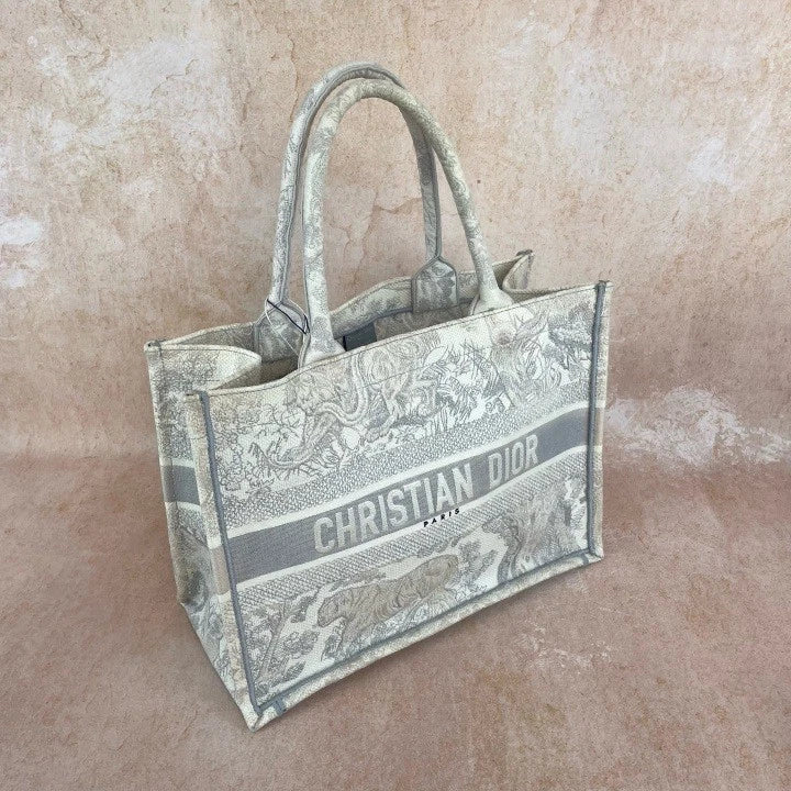 Dior Gray White Embroidered Canvas Medium Tote Handbag For Women