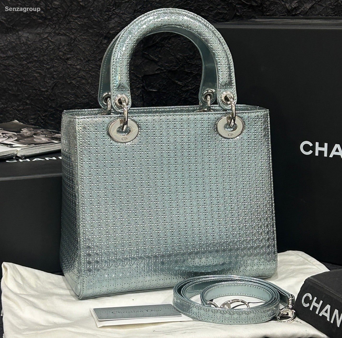 Christian Dior Lady Dior Top Handle Crossbody Blue Silver Women Classic Fashion
