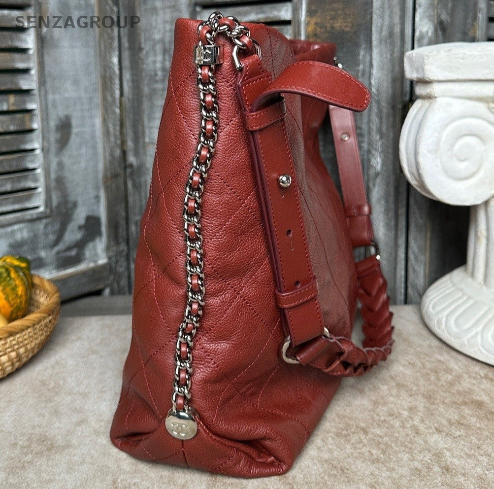 Chanel Diamond Hobo Calfskin Shoulder Bag Red Silver Used Women Classic