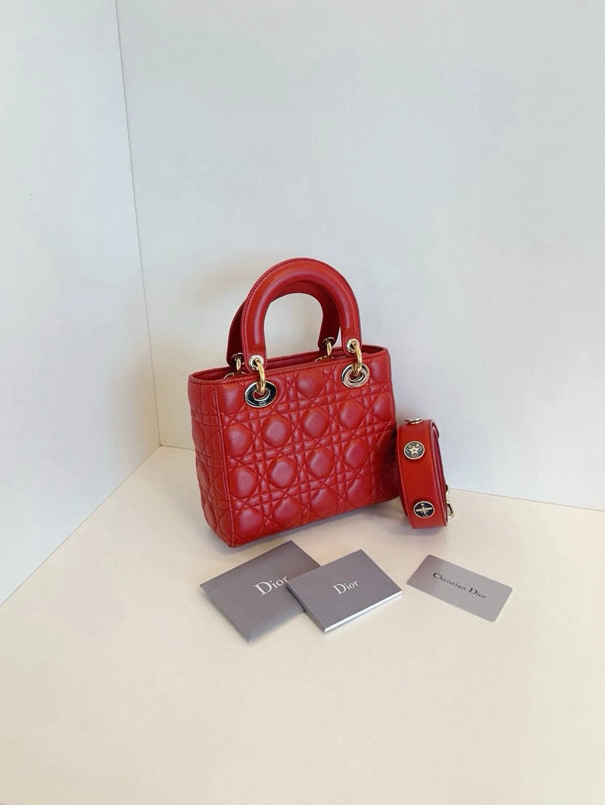 Dior Lady Dior Leather Red Shoulder Bag Excellent