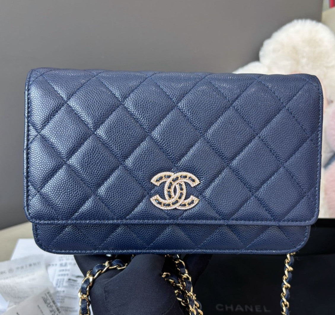 Chanel WOC Calfskin Chain Shoulder Bag Crossbody Blue Silver Women Classic