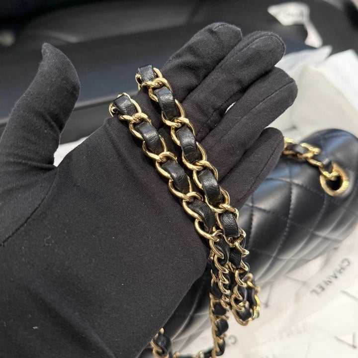 Chanel Classic Flap PM Lambskin Chain Shoulder Bag Black Gold Hardware Women D