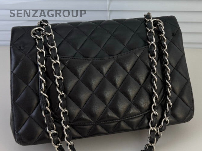 Chanel Classic Flap Lambskin PM Chain Shoulder Bag Black Silver Used Women