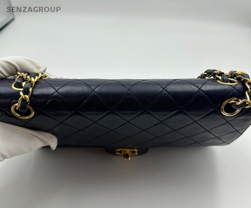 Chanel Classic Flap Lambskin MM Chain Shoulder Crossbody Blue Gold Women Vintage