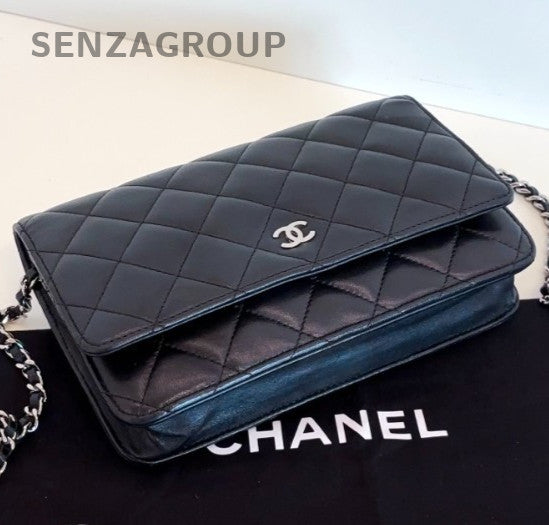 Chanel WOC Chain Lambskin Diamond Shoulder Bag Black Silver Used Women Classic