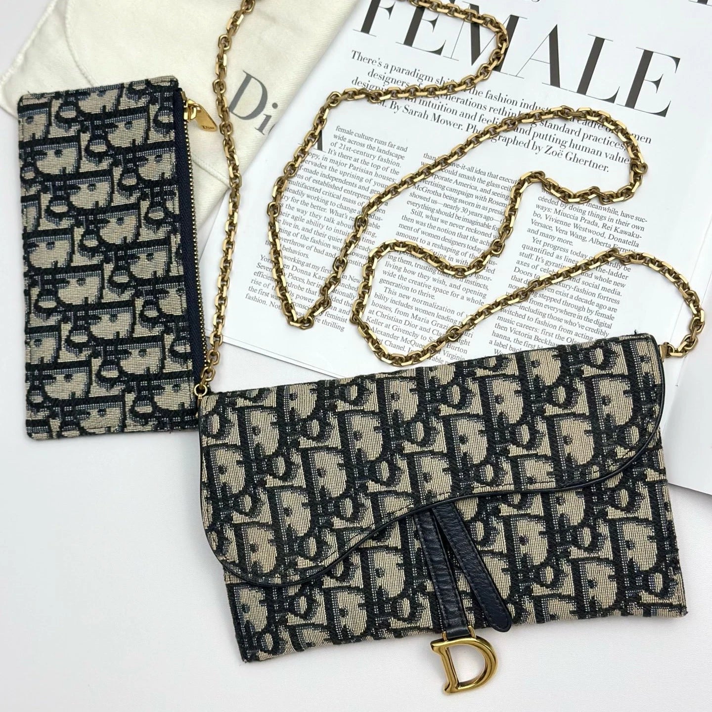 Christian Dior WOC Oblique Canvas Gold Chain Navy Shoulder Bag Crossbody