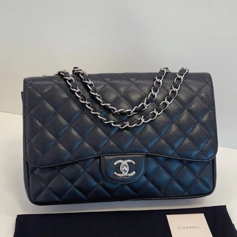 Chanel Flap Jumbo Calfskin Chain Shoulder Crossbody Black Silver Excellent
