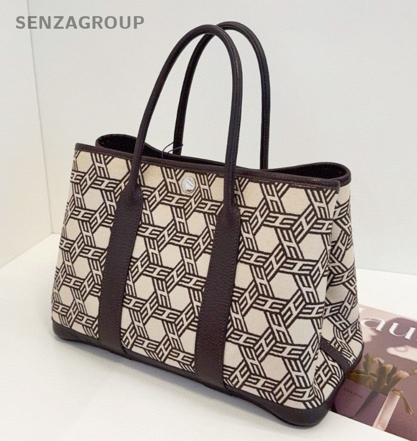 Hermes Garden Party Canvas Top Handle Bag Black White Silver Women Classic
