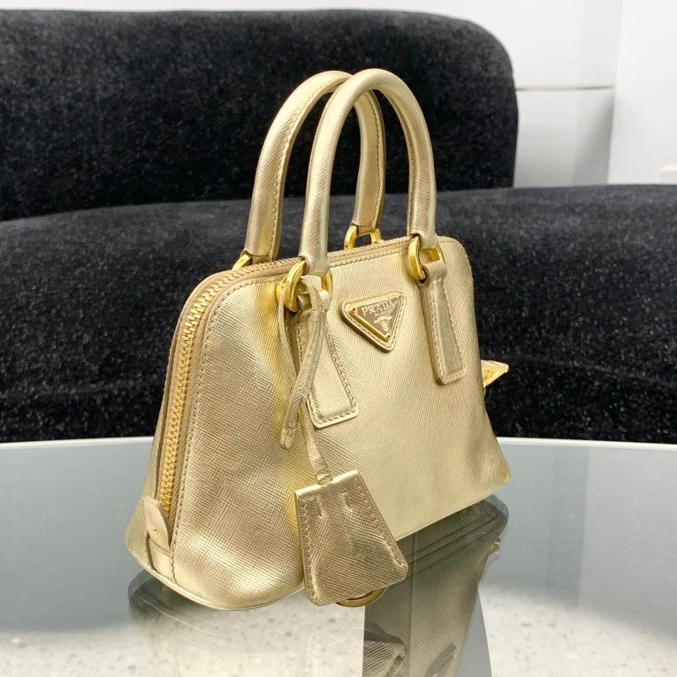 Prada Promenade Mini Calfskin Top Handle Bag Crossbody Gold Women Classic S