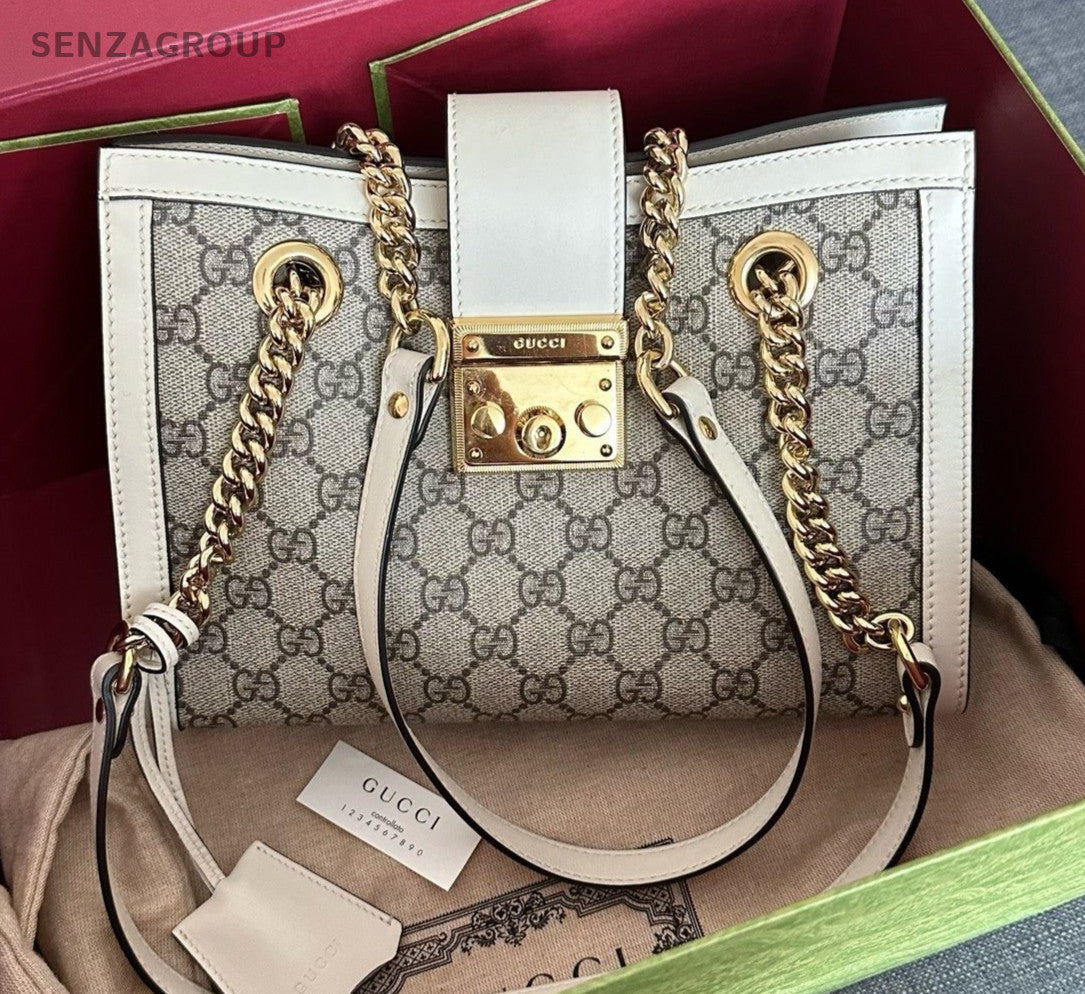 Gucci Padlock PM Chain Shoulder Bag White Beige Gold Women Classic Fashion