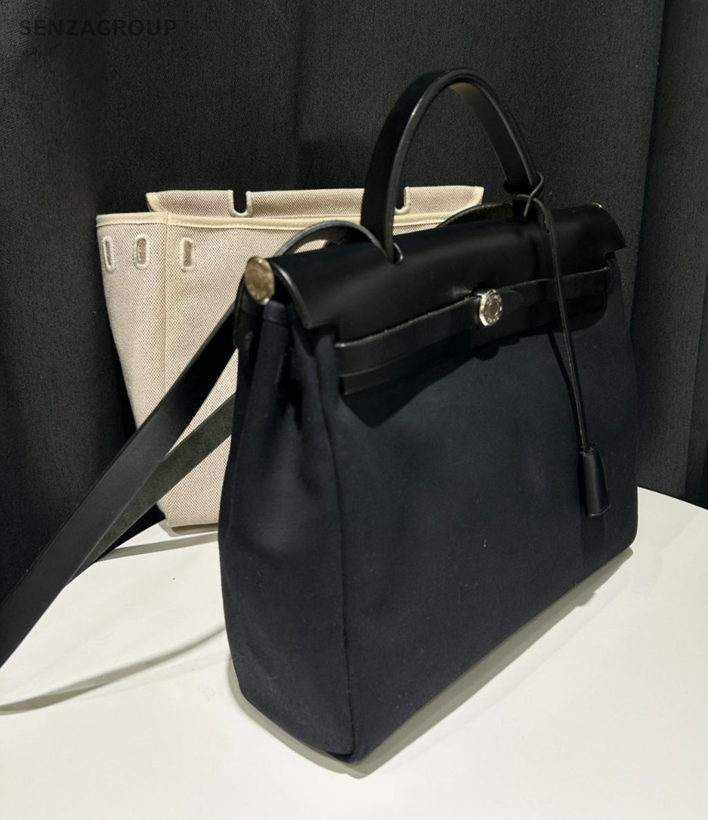 Hermes Herbag31 Top Handle Canvas Shoulder Handbag Black White Classic