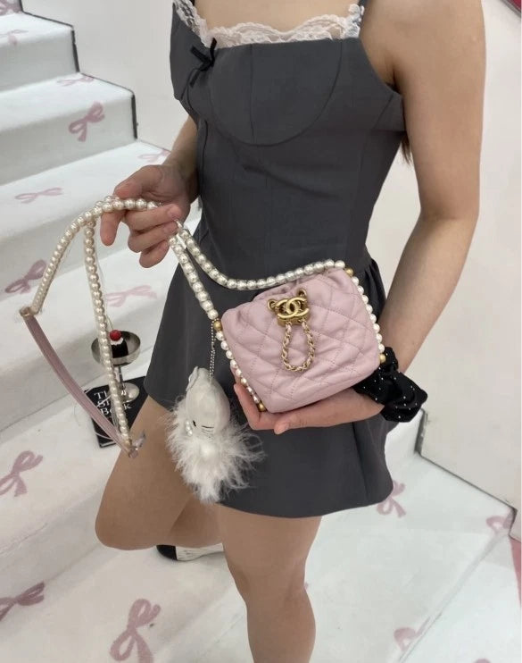 CHANEL Pink Mini Pearl Chain Drawstring Bucket Bag For Women
