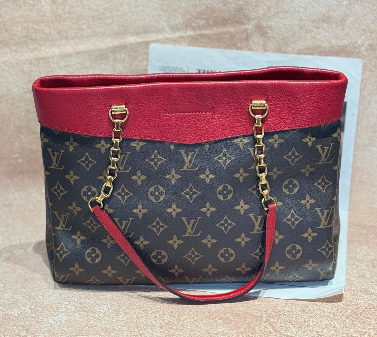 Louis Vuitton Pallas Tote Chain Monogram Shoulder Bag Brown Red Women Classic