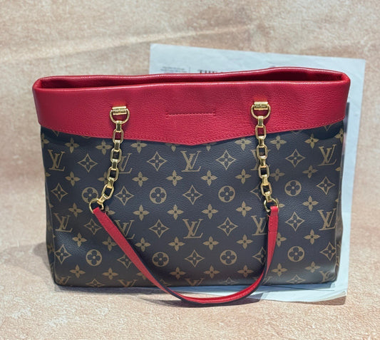 Louis Vuitton Pallas Tote Chain Monogram Shoulder Bag Brown Red Women Classic