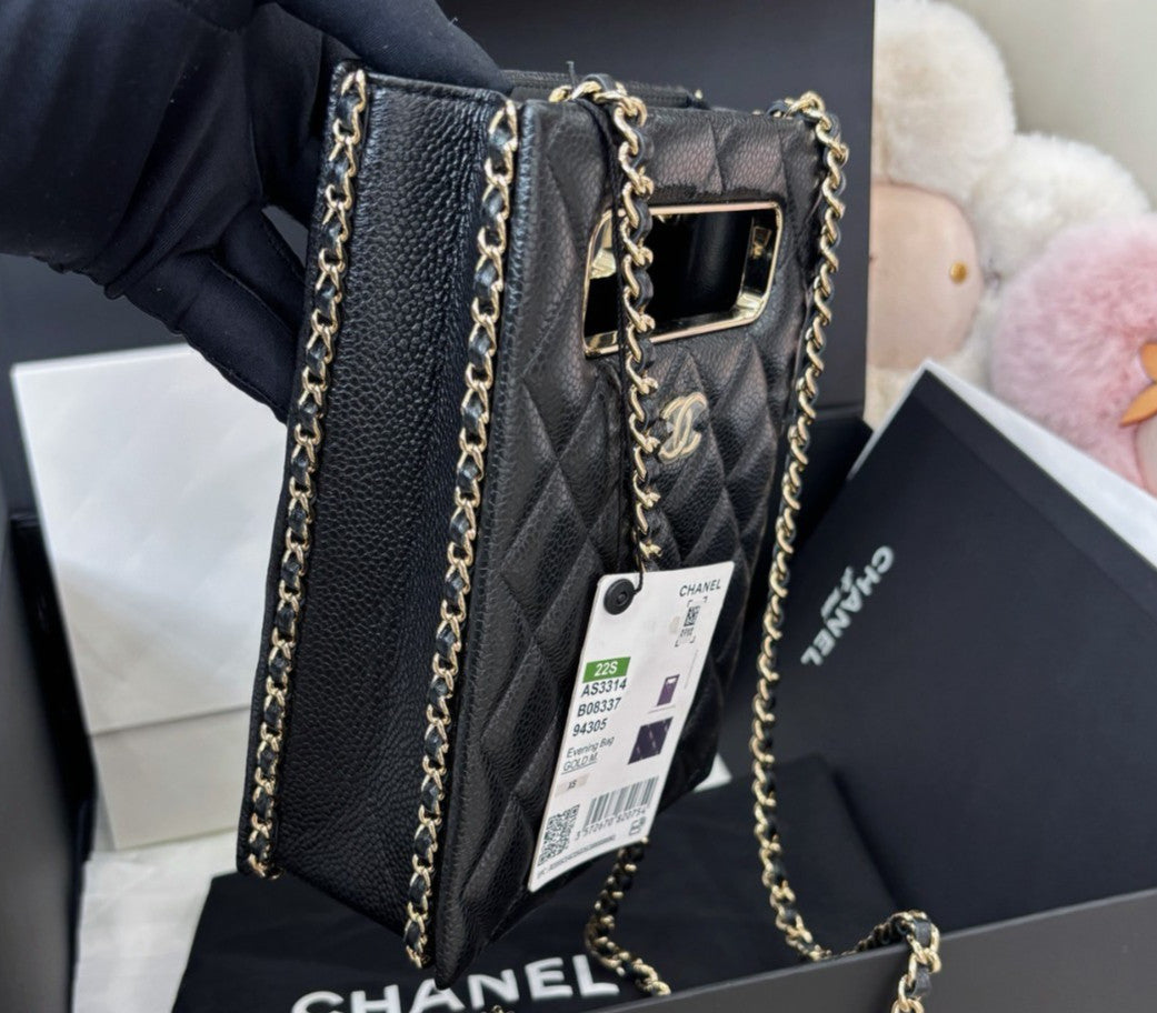 Chanel Lambskin Tote Chain Shoulder Bag Black Gold Diamond Women Classic
