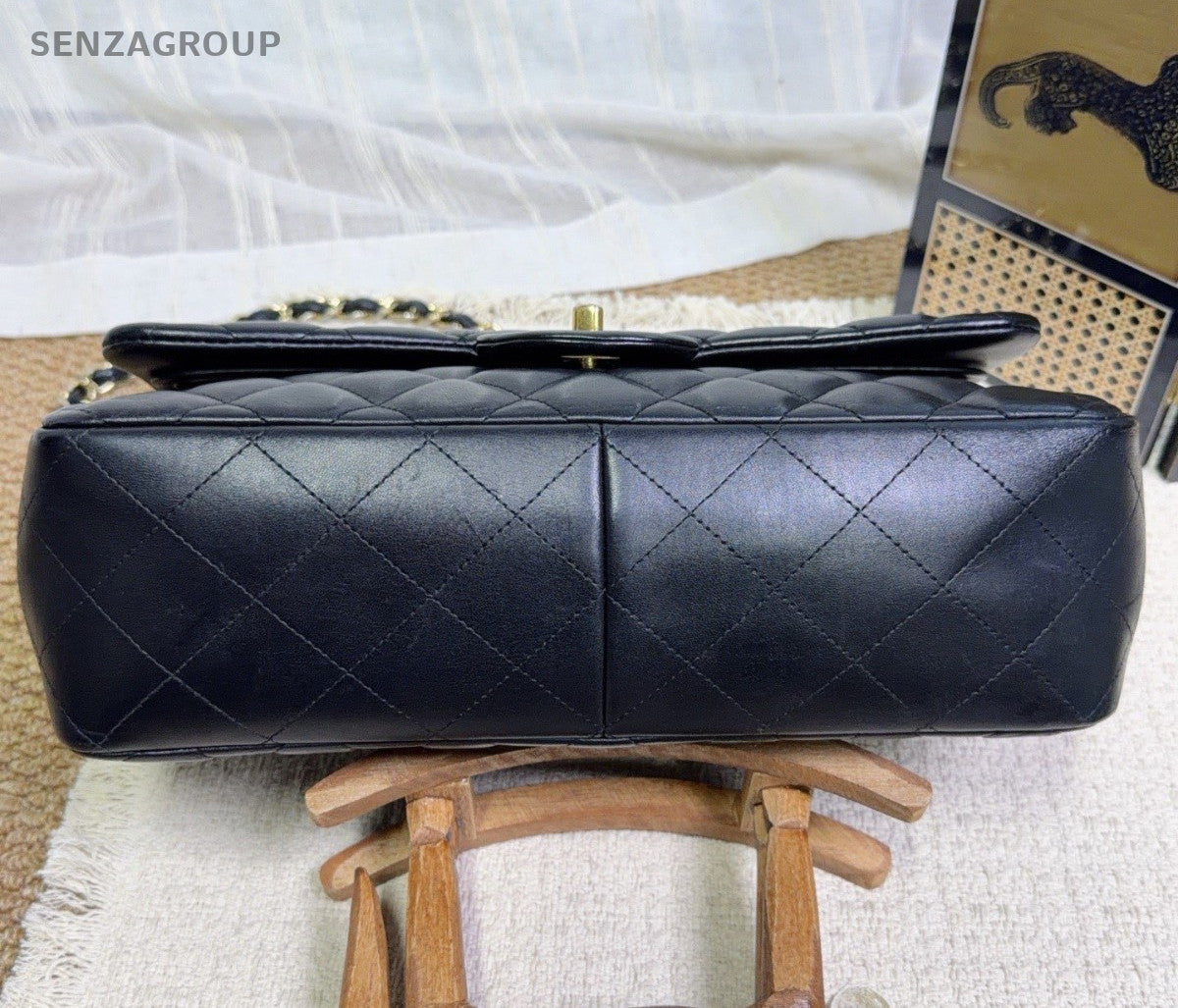 Chanel Classic Flap GM Lambskin Chain Shoulder Bag Black Gold Women Diamond