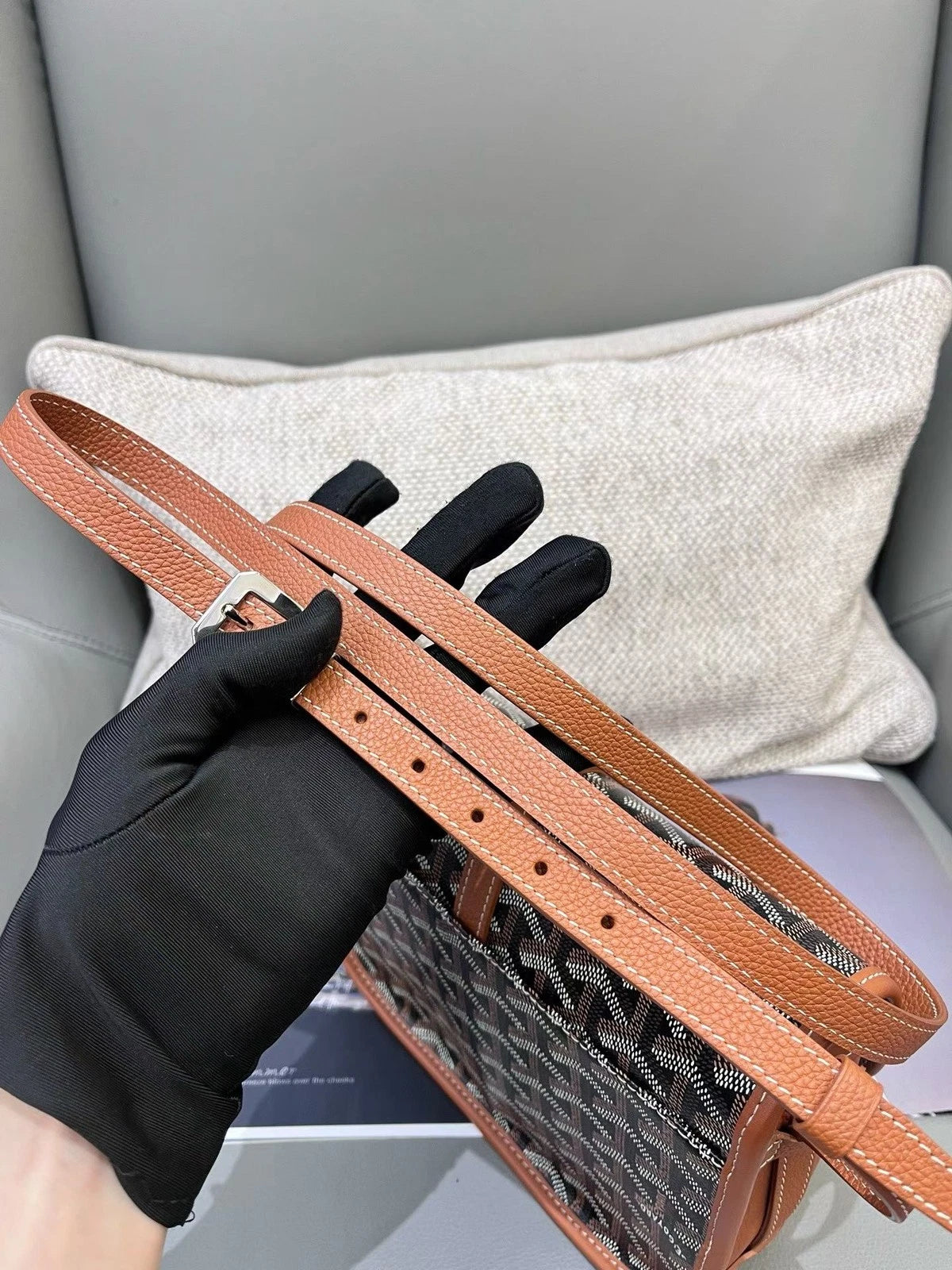 Goyard Belvedere Canvas PM Shoulder Crossbody Black Brown Silver Excellent