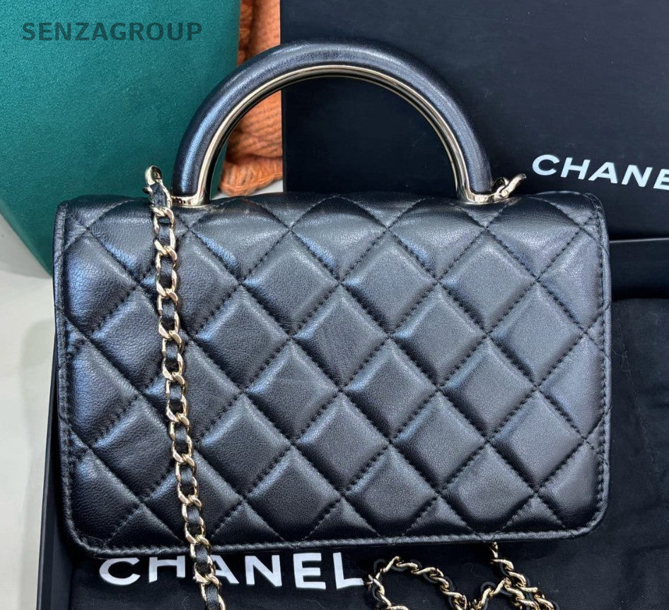 Chanel WOC Diamond Chain Shoulder Bag Crossbody Black Gold Women Classic