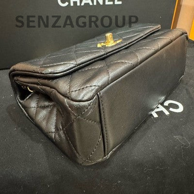 Chanel Classic Flap Quilted Lambskin Chain Shoulder Bag Black Gold