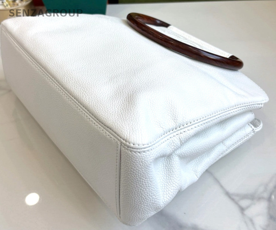 CHANEL CC Top Handle Pear blossom wood handle Handbag Calfskin White Women
