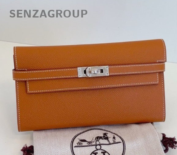 Hermes Kelly Long Wallet Clutch Epsom Brown Silver Used Women Classic Fashion