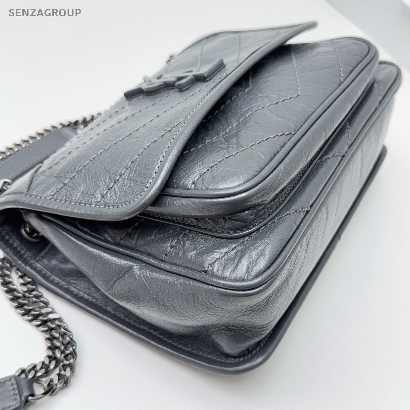 Saint Laurent Niki PM Chain Crossbody Shoulder Bag Gray Silver Women Classic