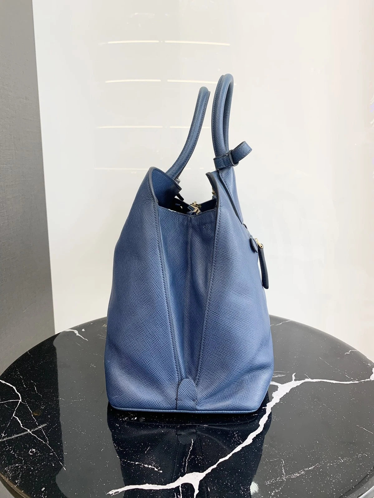 Prada Calfskin Tote Top Handle Bag Blue Gold Hardware Women S