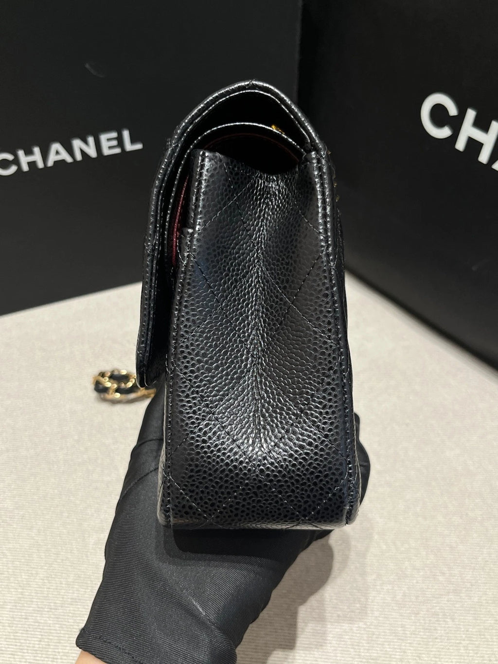 CHANEL Medium Classic Flap Black Gold Leather Shoulder Bag For Women