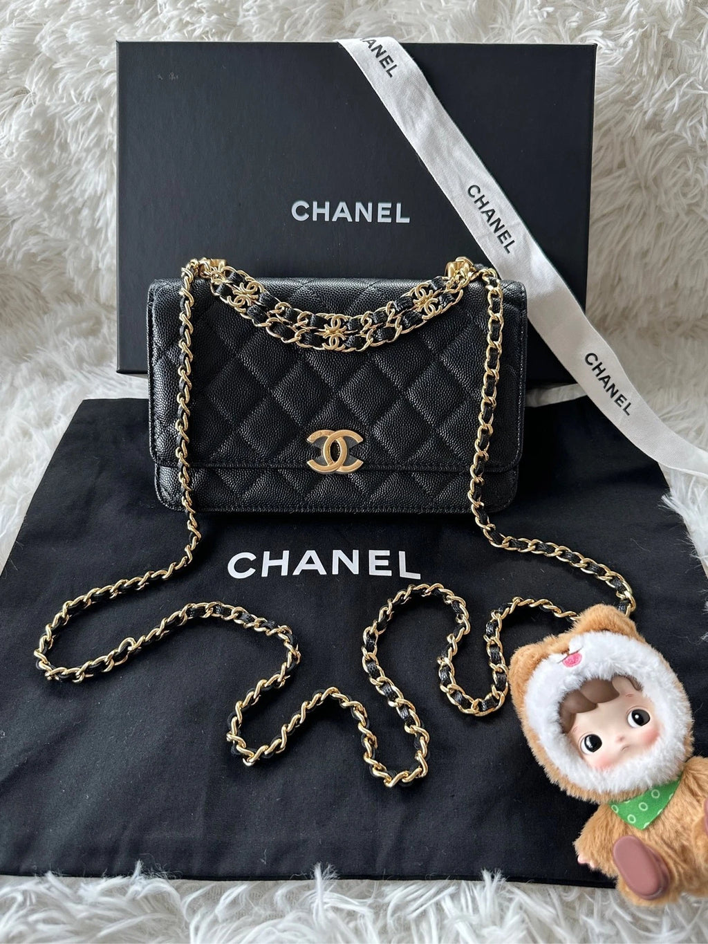 CHANEL Black Leather WOC Shoulder Handbag Crossbody For Women