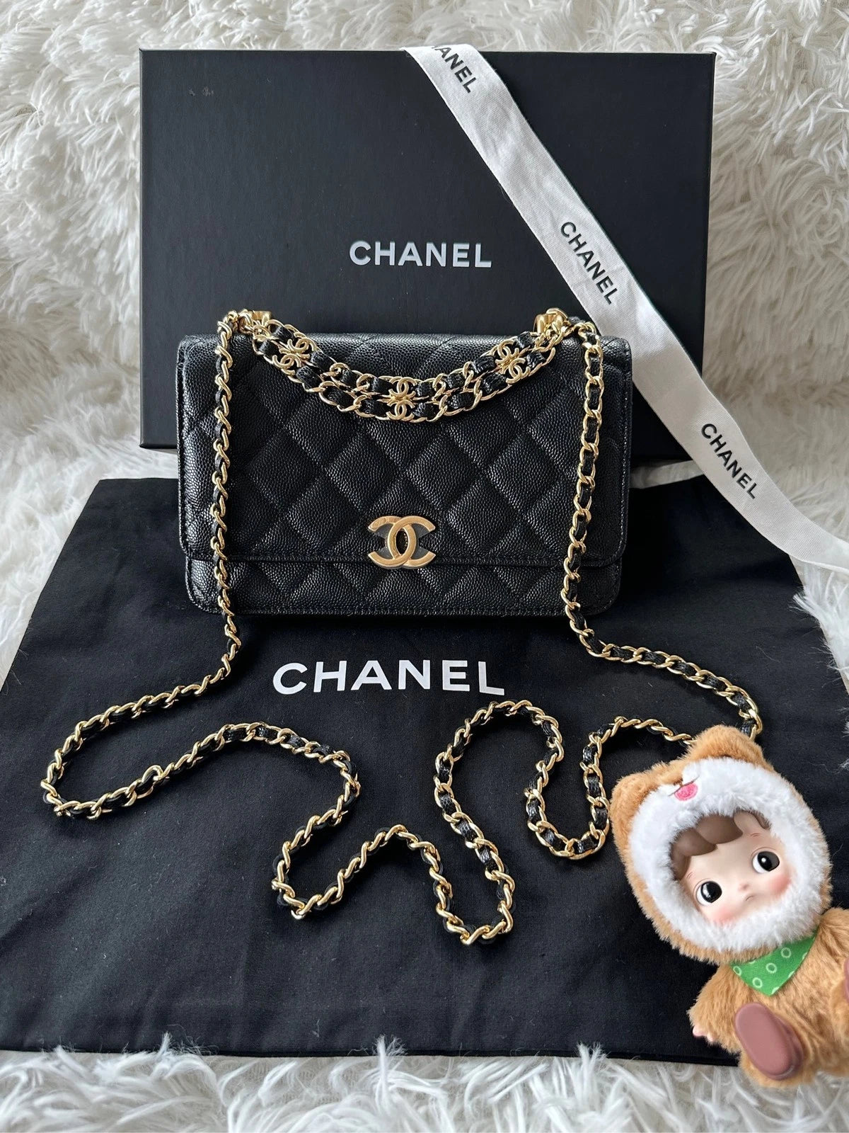 CHANEL Black Leather WOC Shoulder Handbag Crossbody For Women