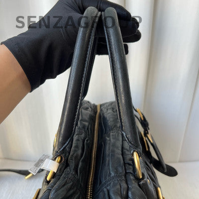 Prada Black Gold Leather Boston Bag Classic Women's Handbag Shoulder Tote